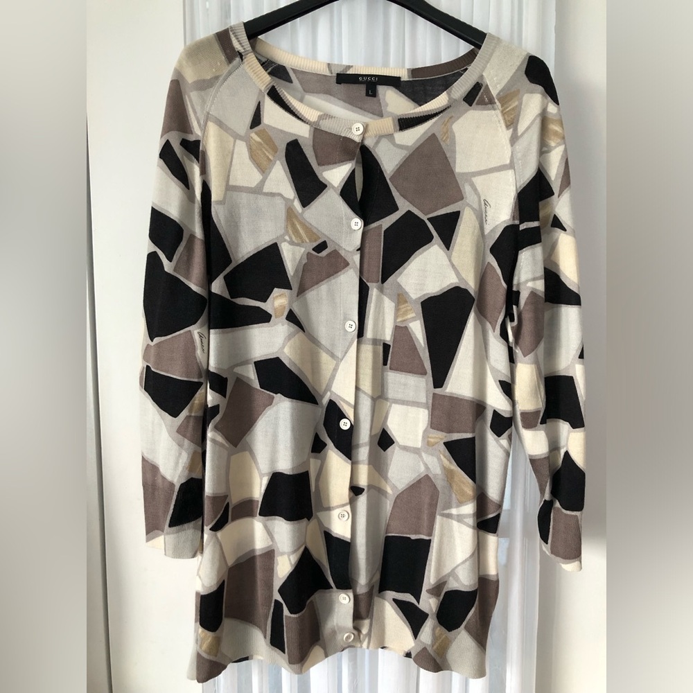 Gucci Geometric Button-Front Cardigan in Cream, Black & Brown